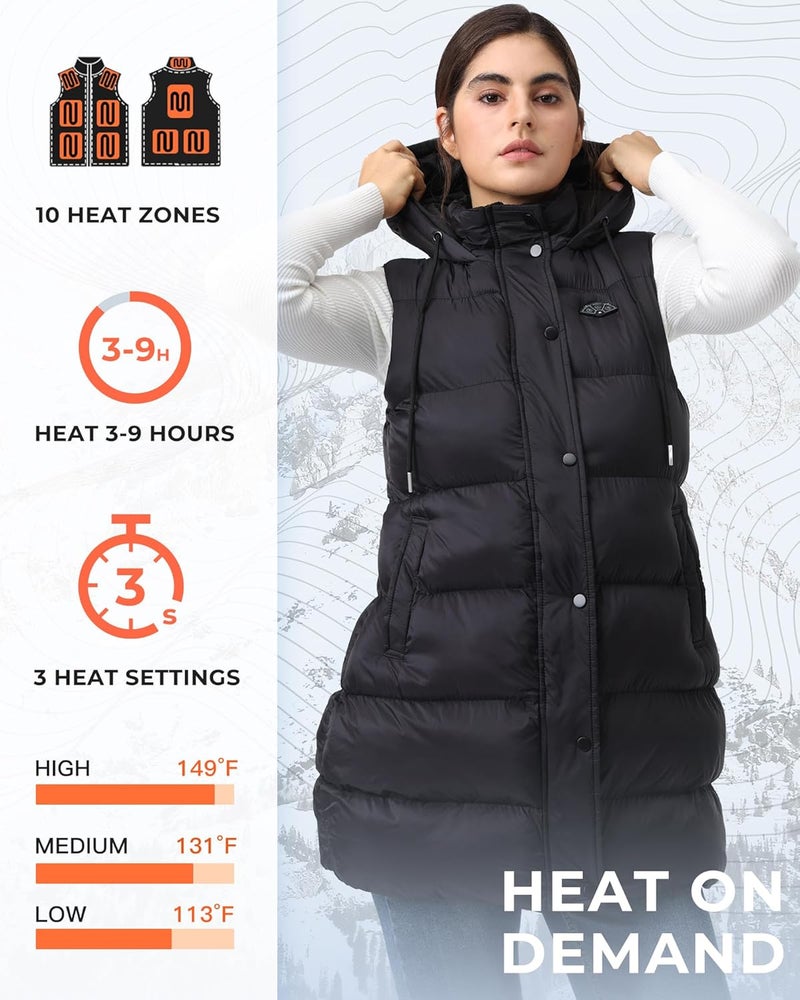 Topdot Store Long Puffer Heated Vest for Women with 16000mAh Battery Pack, 10 Heating Zones Hooded Winter Women's Heated Vest Outwear - Image 3